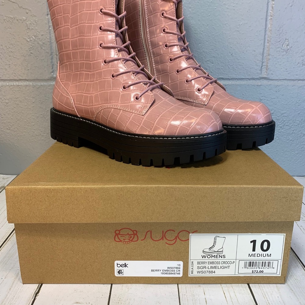 NEW Sugar By Belk Womens Pink Croc Emboss Combat Boots Size 10 M SGR Limelight - Picture 6 of 7